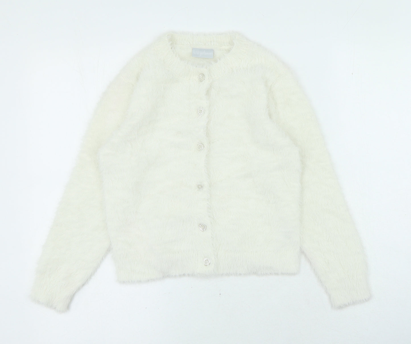 I Love Girlswear Girls Ivory Round Neck Polyamide Cardigan Jumper Size 8 Years Button
