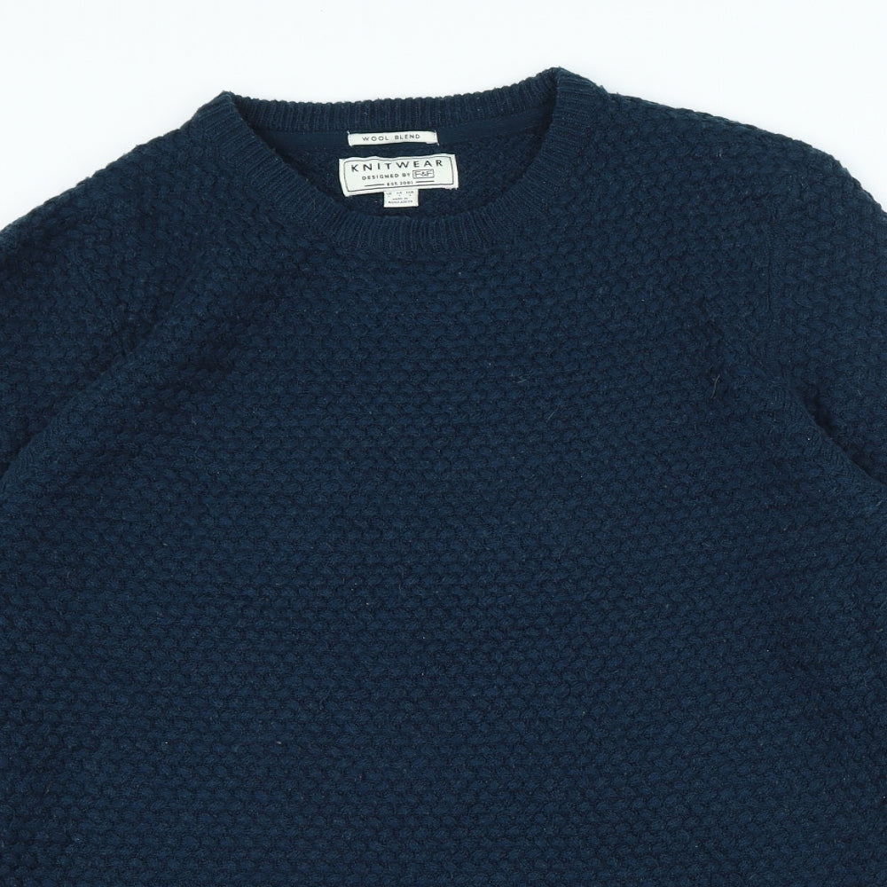 F&F Mens Blue Crew Neck Wool Pullover Jumper Size L