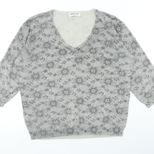 Bonmarché Womens Grey V-Neck Floral Cotton Pullover Jumper Size M