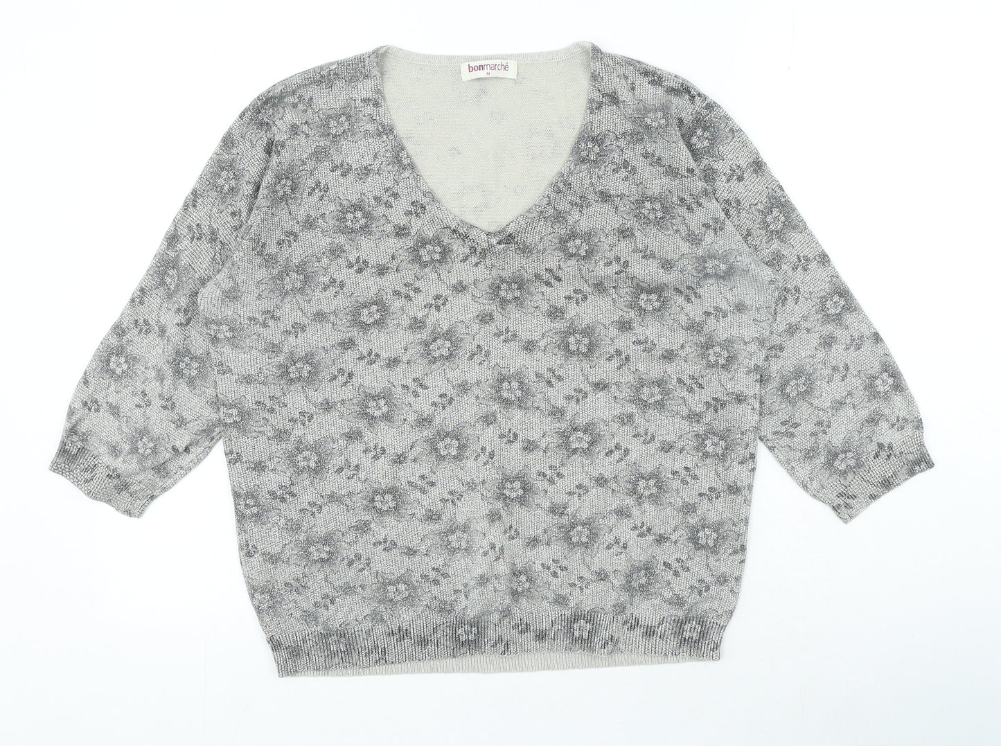 Bonmarché Womens Grey V-Neck Floral Cotton Pullover Jumper Size M