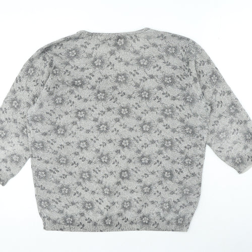 Bonmarché Womens Grey V-Neck Floral Cotton Pullover Jumper Size M