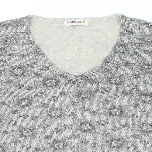 Bonmarché Womens Grey V-Neck Floral Cotton Pullover Jumper Size M