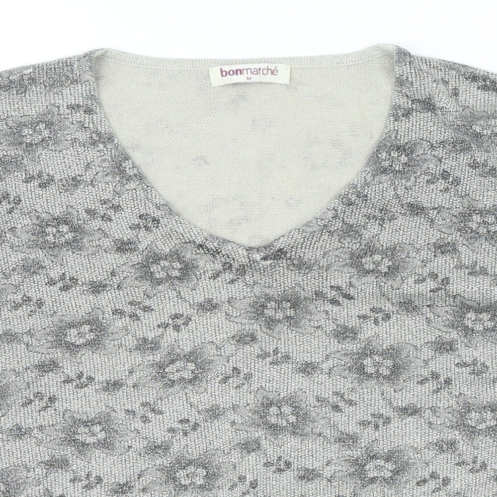 Bonmarché Womens Grey V-Neck Floral Cotton Pullover Jumper Size M