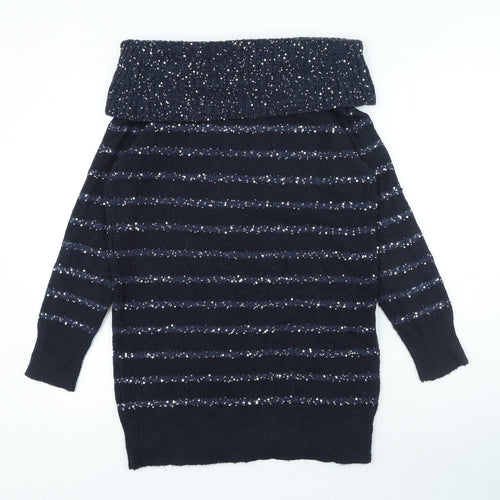 Wallis Womens Blue Roll Neck Striped Acrylic Pullover Jumper Size S