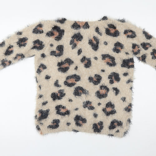 F&F Girls Beige Animal Print Nylon Pullover Casual Size 14 Years Round Neck Pullover - Leopard Print