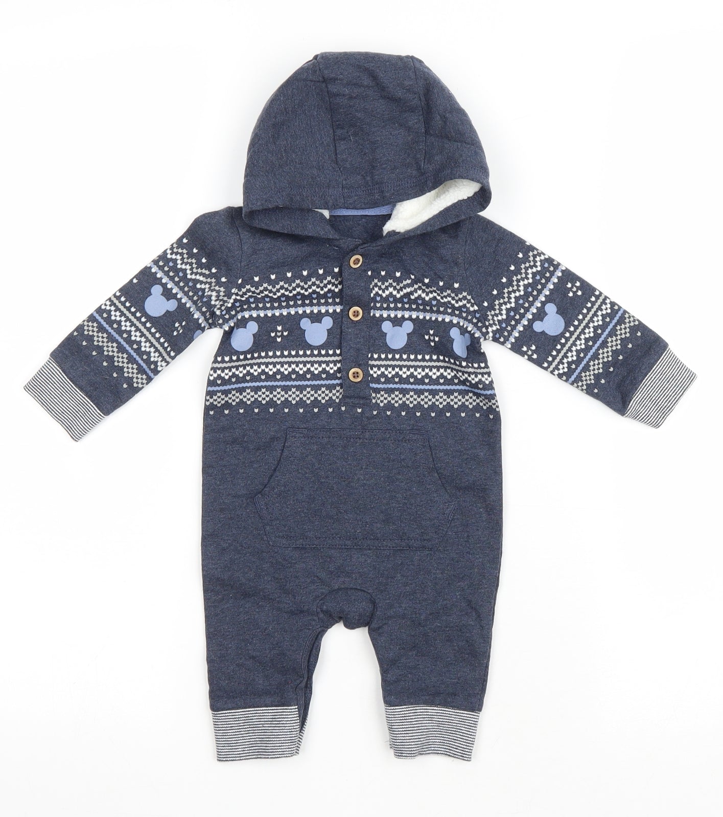 George Baby Blue Fair Isle Cotton Coverall One-Piece Size 0-3 Months Button - Mickie Mouse