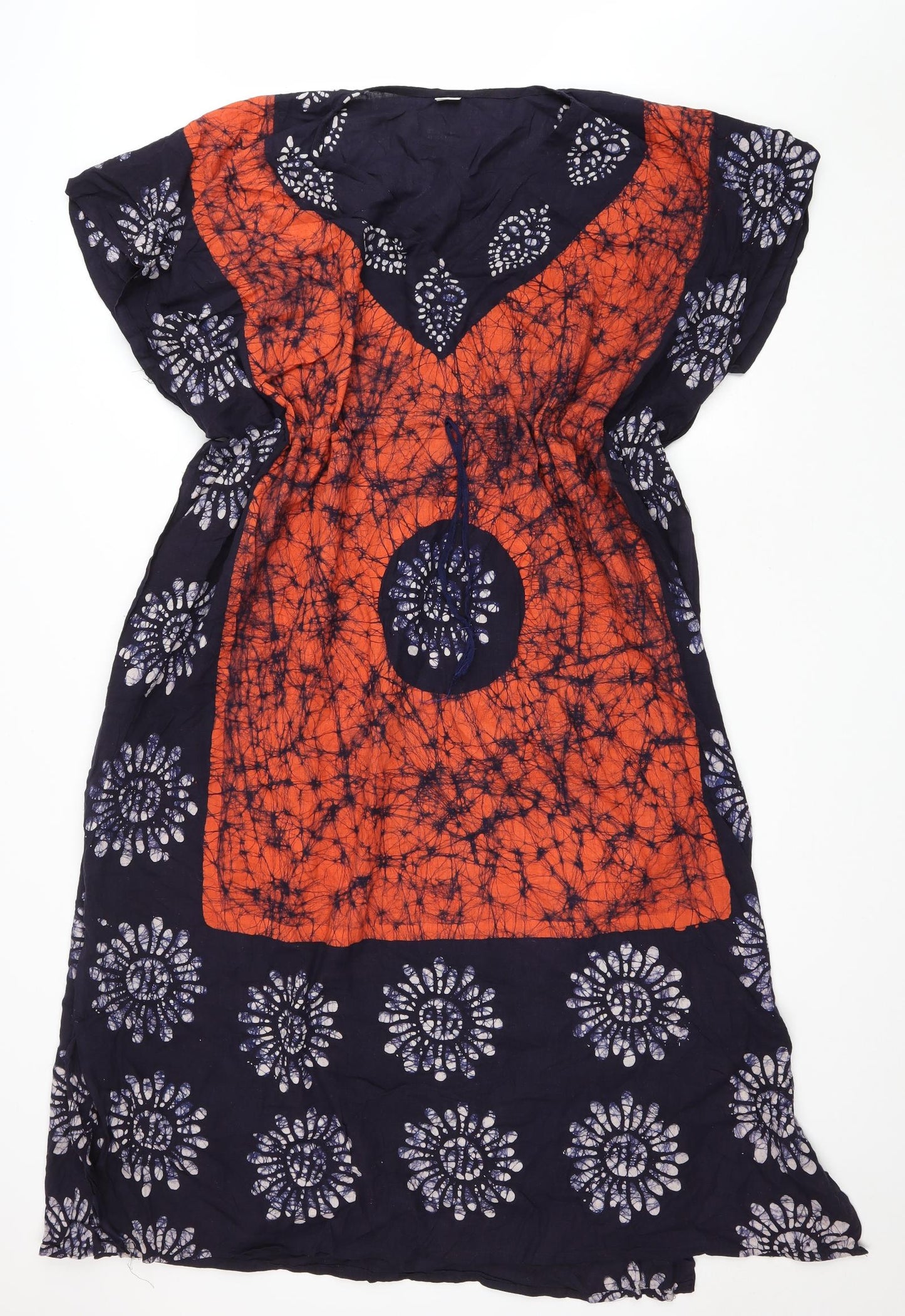 Preworn Womens Multicoloured Geometric Cotton Kaftan One Size V-Neck Drawstring - Flower