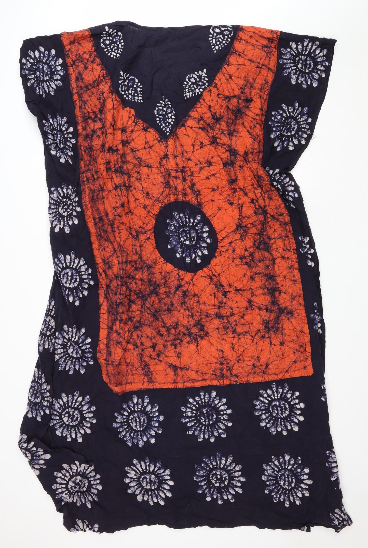 Preworn Womens Multicoloured Geometric Cotton Kaftan One Size V-Neck Drawstring - Flower