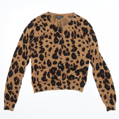 Warehouse Womens Brown Round Neck Animal Print Cotton Cardigan Jumper Size 12 - Leopard print