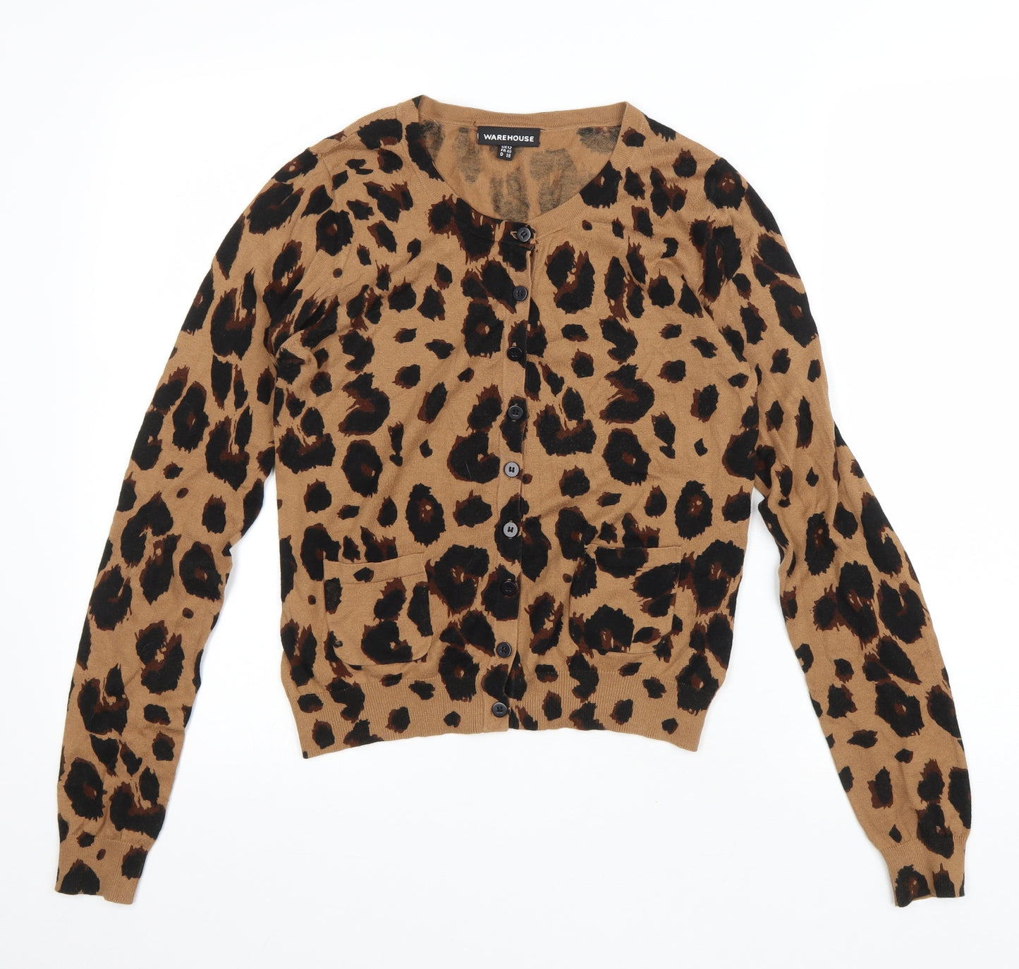 Warehouse Womens Brown Round Neck Animal Print Cotton Cardigan Jumper Size 12 - Leopard print
