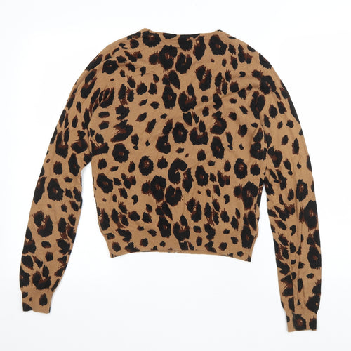 Warehouse Womens Brown Round Neck Animal Print Cotton Cardigan Jumper Size 12 - Leopard print