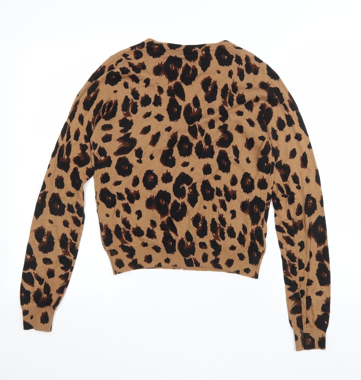 Warehouse Womens Brown Round Neck Animal Print Cotton Cardigan Jumper Size 12 - Leopard print