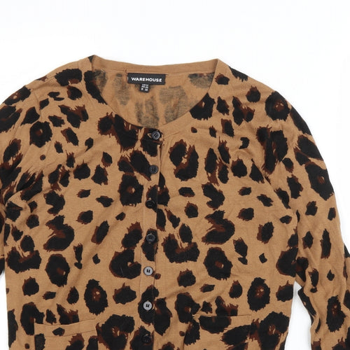 Warehouse Womens Brown Round Neck Animal Print Cotton Cardigan Jumper Size 12 - Leopard print