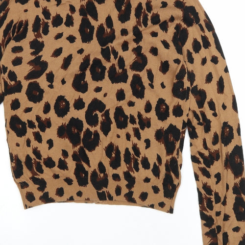 Warehouse Womens Brown Round Neck Animal Print Cotton Cardigan Jumper Size 12 - Leopard print