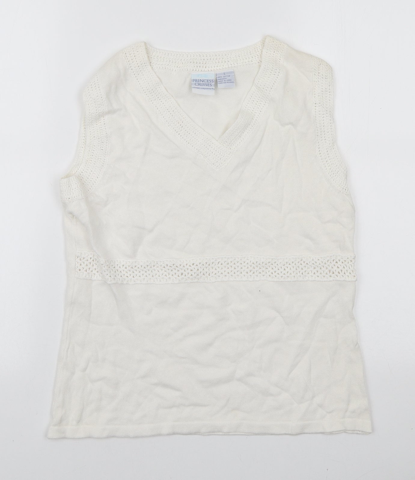 Princess Cruises Womens White Cotton Basic Tank Size L V-Neck - Lace Trim