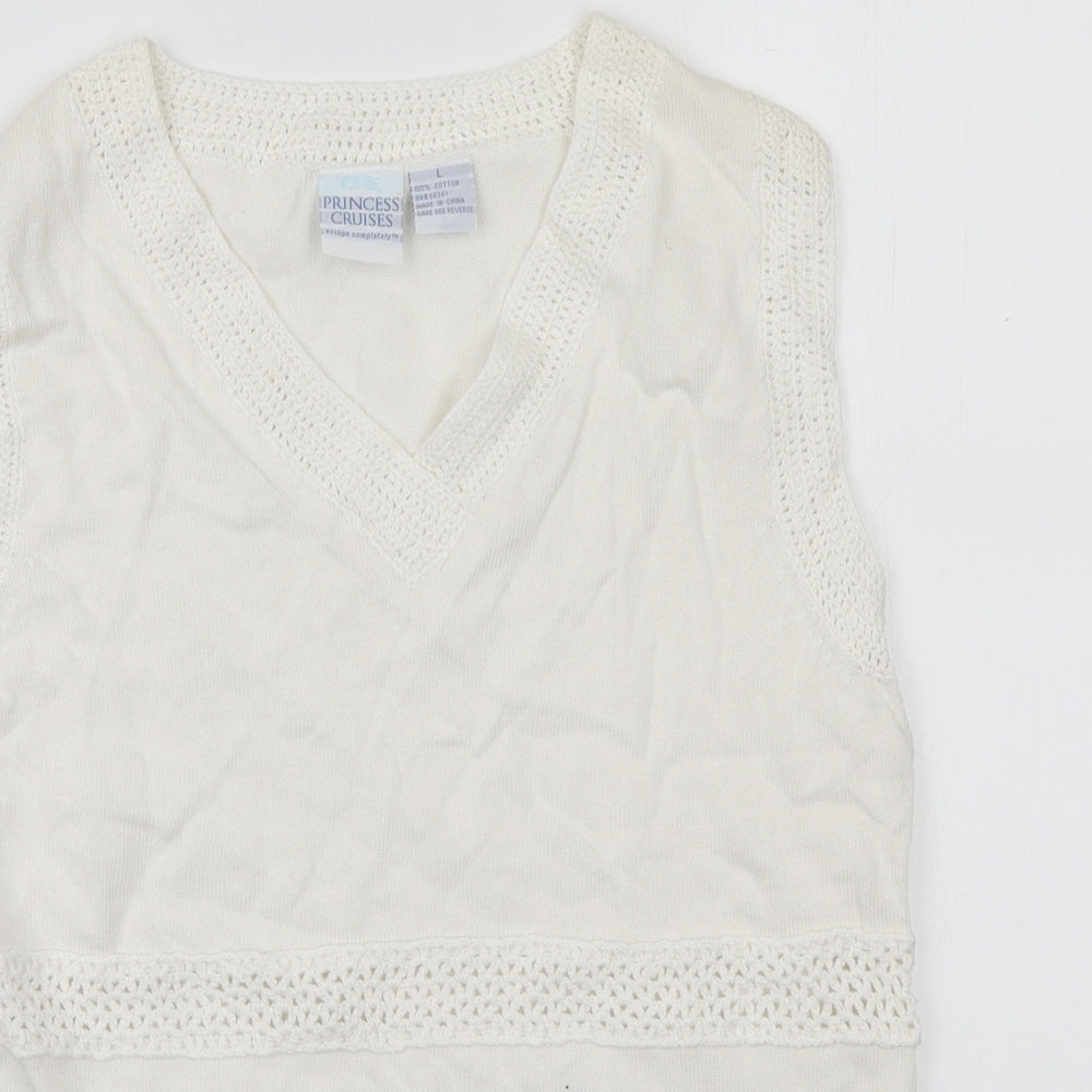 Princess Cruises Womens White Cotton Basic Tank Size L V-Neck - Lace Trim
