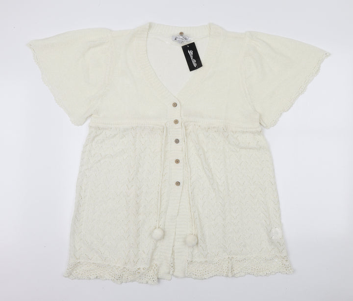 Miss Milla Womens White Acrylic Basic Button-Up Size L V-Neck