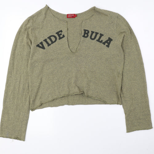 Vide Bula Womens Green V-Neck Cotton Pullover Jumper Size M - Cropped