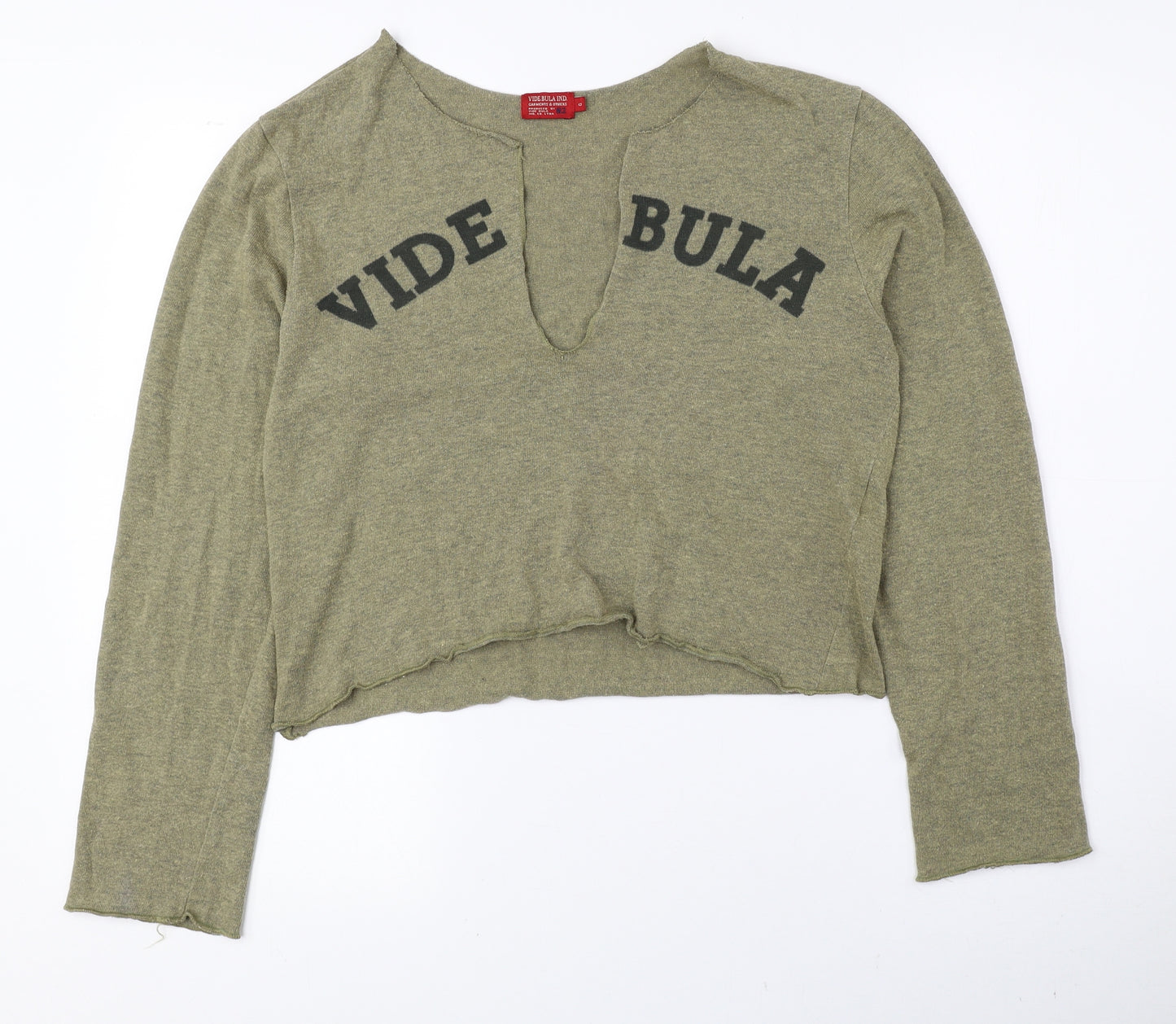Vide Bula Womens Green V-Neck Cotton Pullover Jumper Size M - Cropped