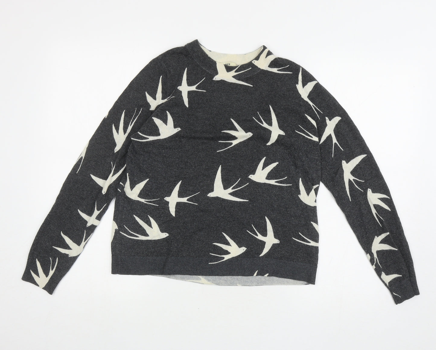 Oasis Womens Grey Crew Neck Geometric Viscose Pullover Jumper Size S - Birds