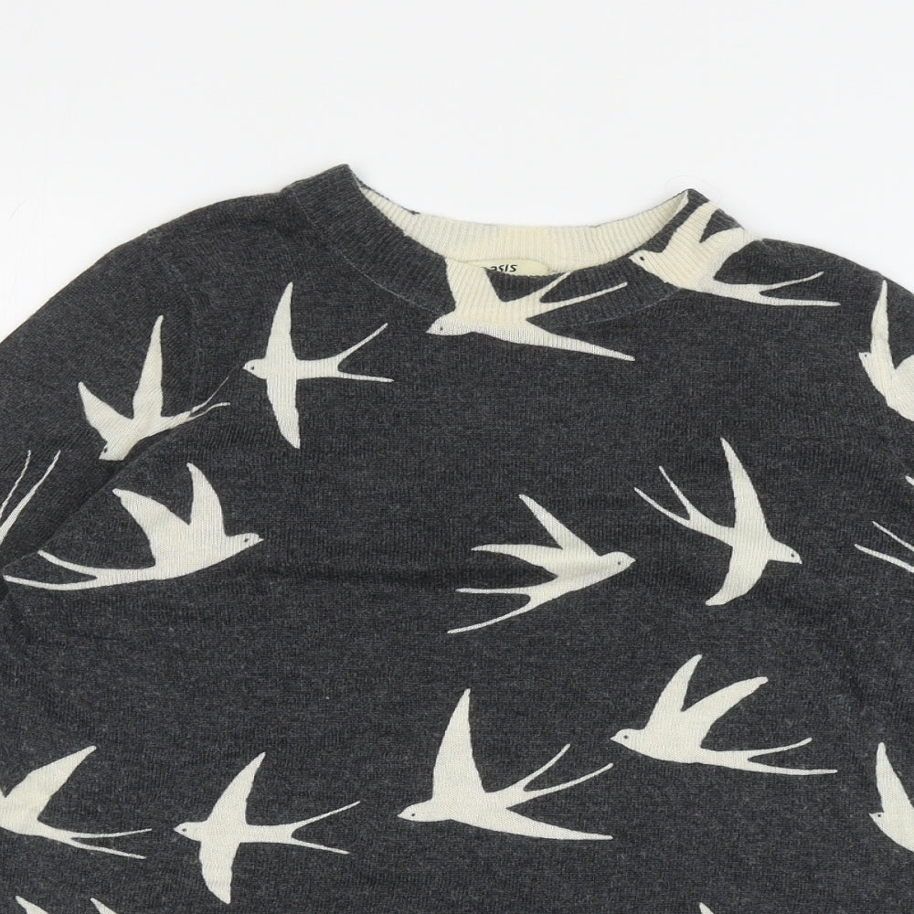 Oasis Womens Grey Crew Neck Geometric Viscose Pullover Jumper Size S - Birds