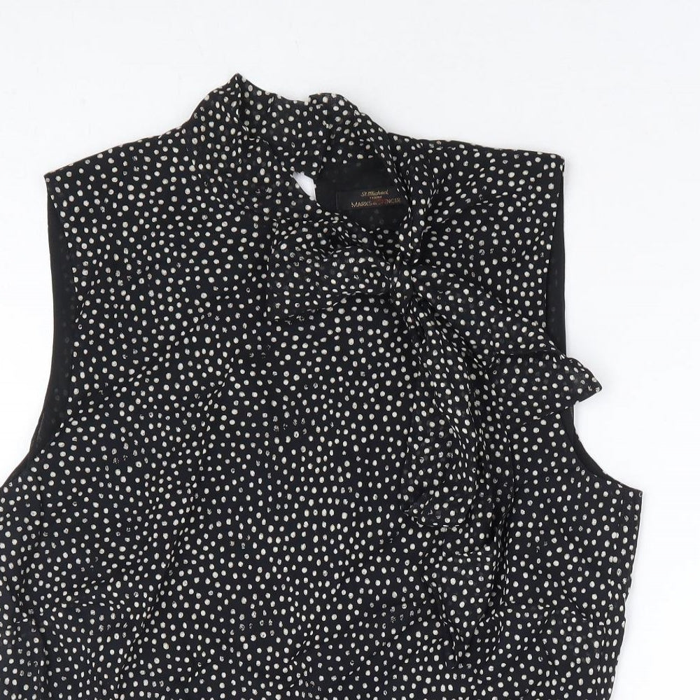 Marks and Spencer Womens Black Polka Dot Viscose Basic Blouse Size 16 Crew Neck - Pussy Bow Neck