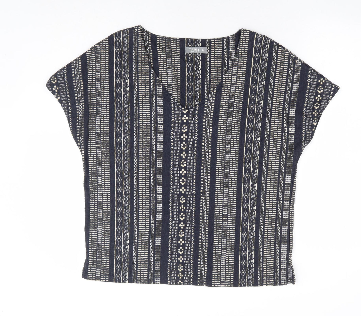 Nutmeg Womens Blue Geometric Polyester Basic T-Shirt Size 14 V-Neck