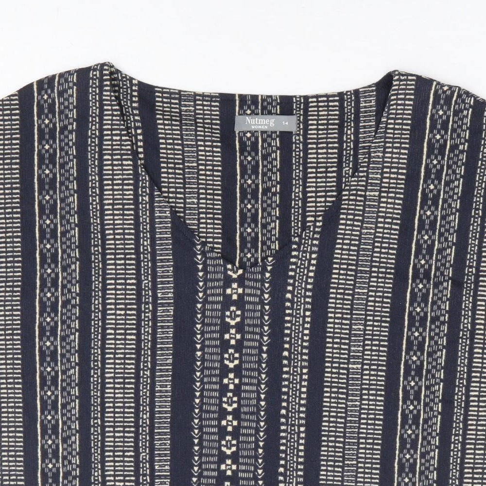 Nutmeg Womens Blue Geometric Polyester Basic T-Shirt Size 14 V-Neck