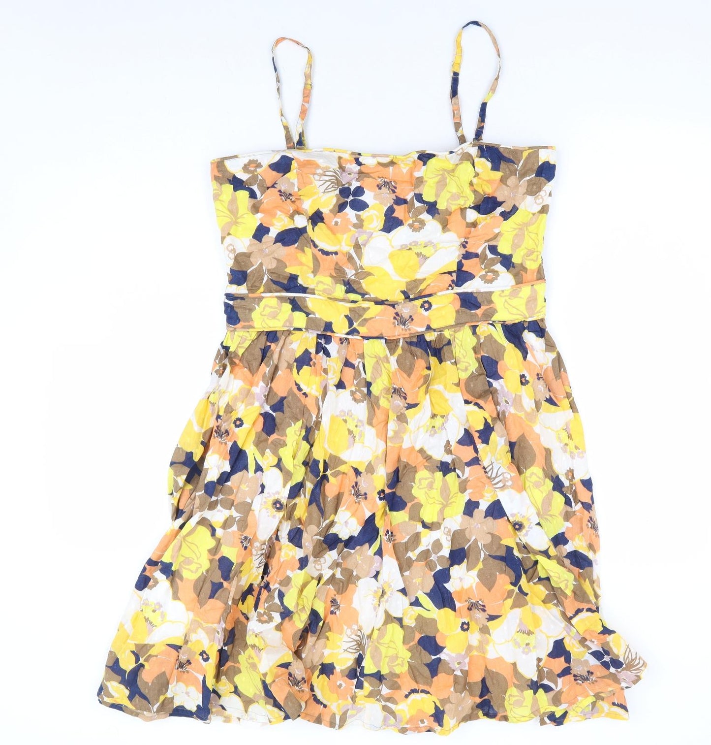 Oasis Womens Multicoloured Floral 100% Cotton Fit & Flare Size 14 Square Neck Zip - Shirred Side Panels