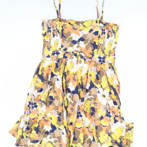 Oasis Womens Multicoloured Floral 100% Cotton Fit & Flare Size 14 Square Neck Zip - Shirred Side Panels
