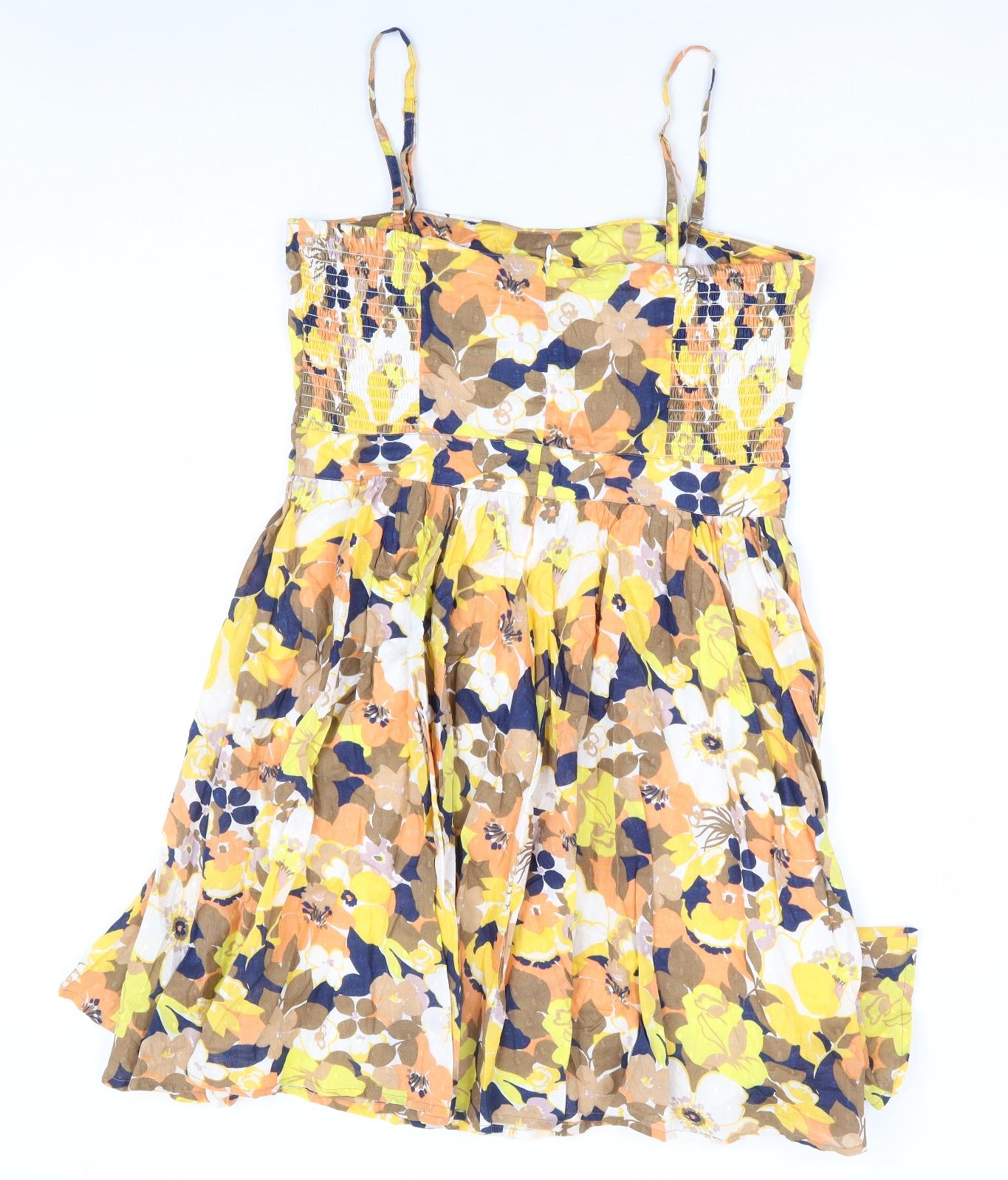 Oasis Womens Multicoloured Floral 100% Cotton Fit & Flare Size 14 Square Neck Zip - Shirred Side Panels