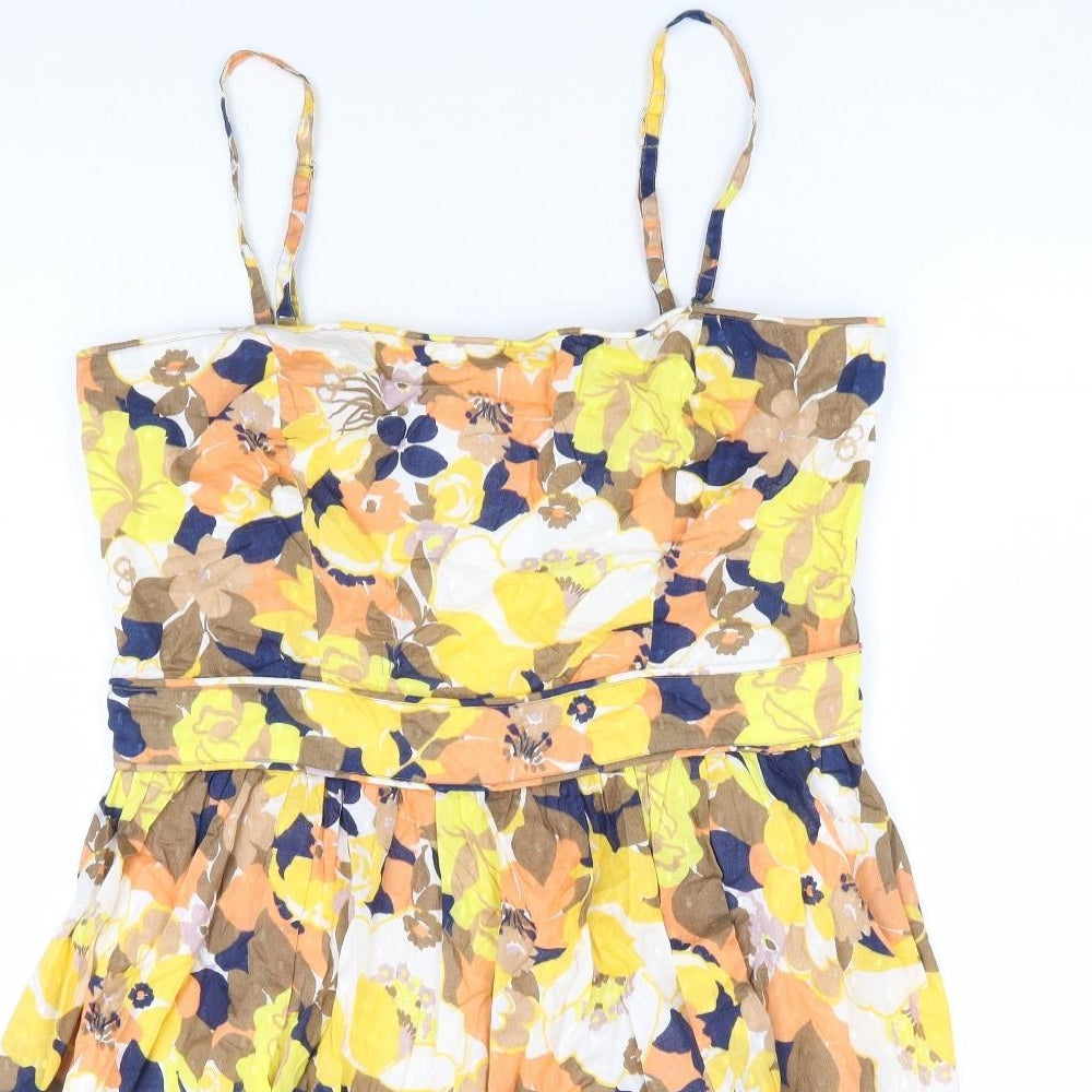 Oasis Womens Multicoloured Floral 100% Cotton Fit & Flare Size 14 Square Neck Zip - Shirred Side Panels