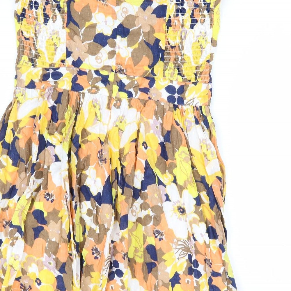 Oasis Womens Multicoloured Floral 100% Cotton Fit & Flare Size 14 Square Neck Zip - Shirred Side Panels