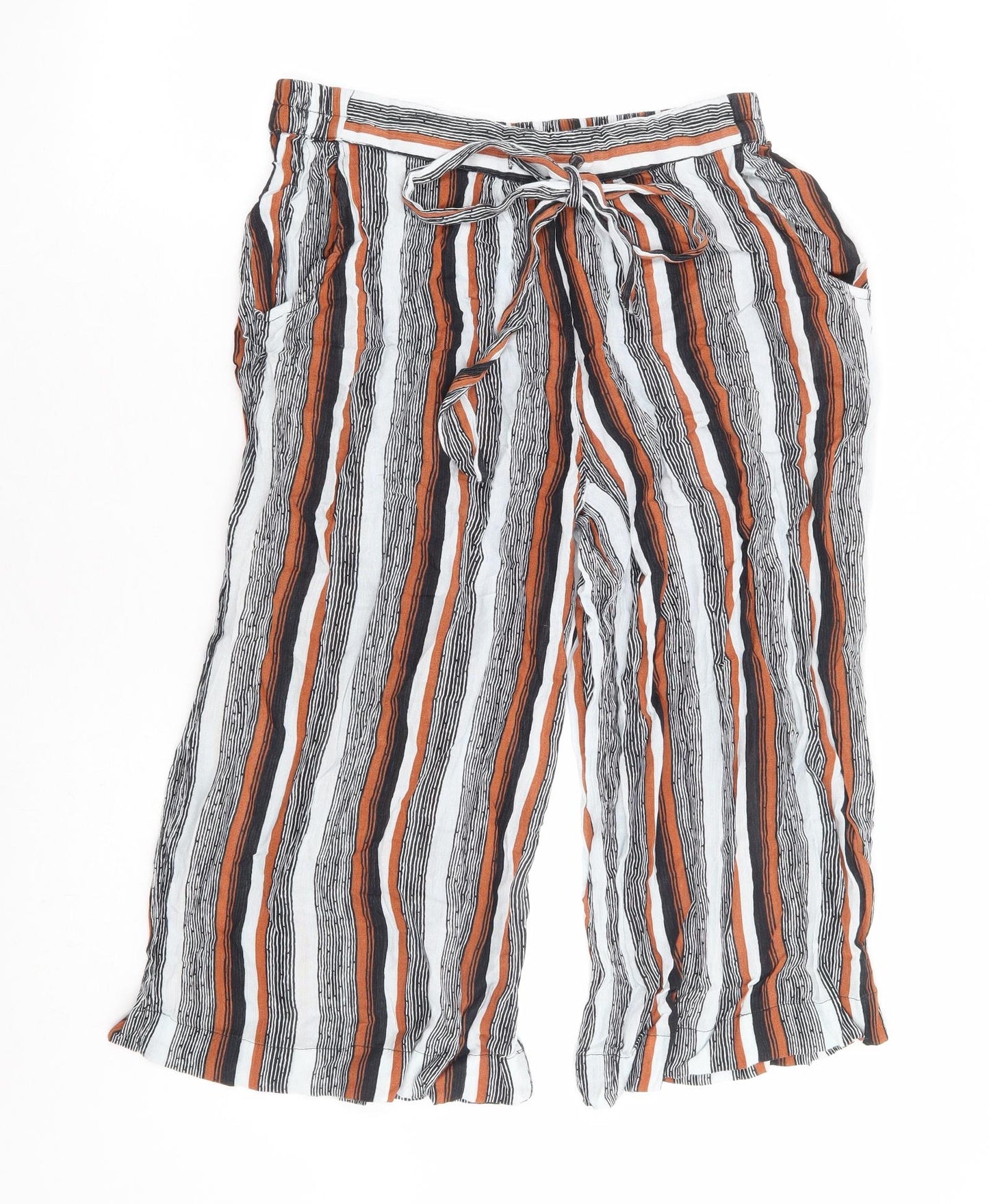 Primark Womens Multicoloured Striped Polyester Cropped Trousers Size 12 Regular Drawstring - Culottes