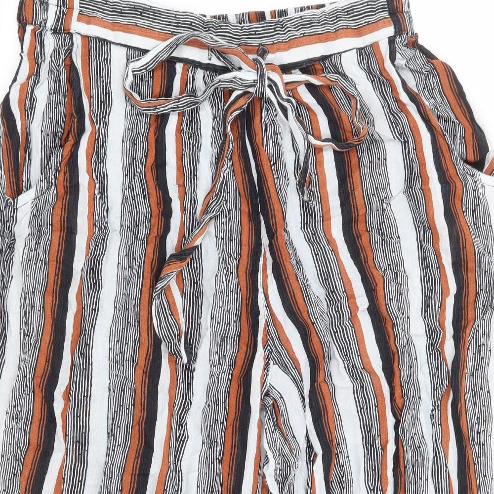 Primark Womens Multicoloured Striped Polyester Cropped Trousers Size 12 Regular Drawstring - Culottes