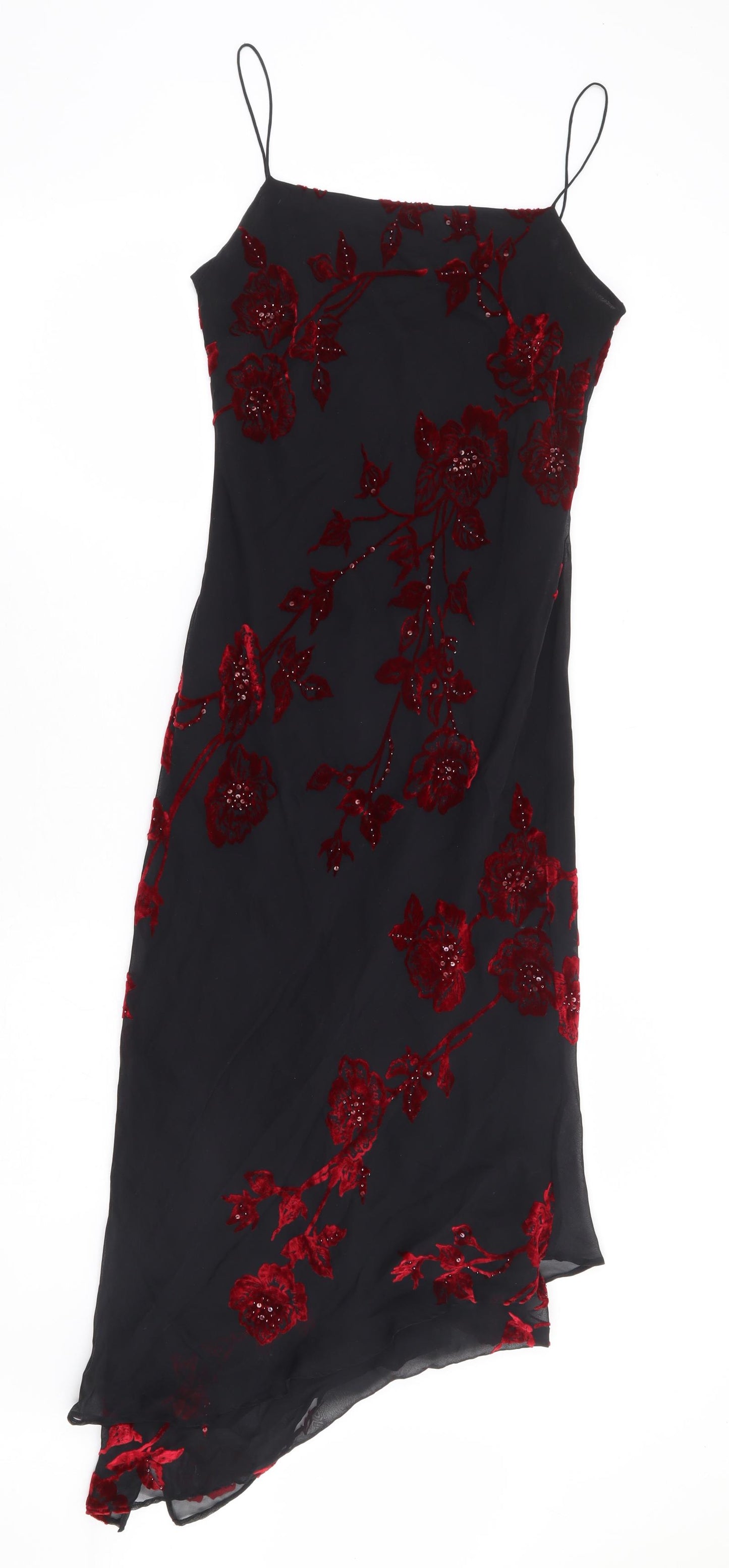 Precis Petite Womens Black Floral Silk A-Line Size 8 Round Neck Zip - Asymmetric