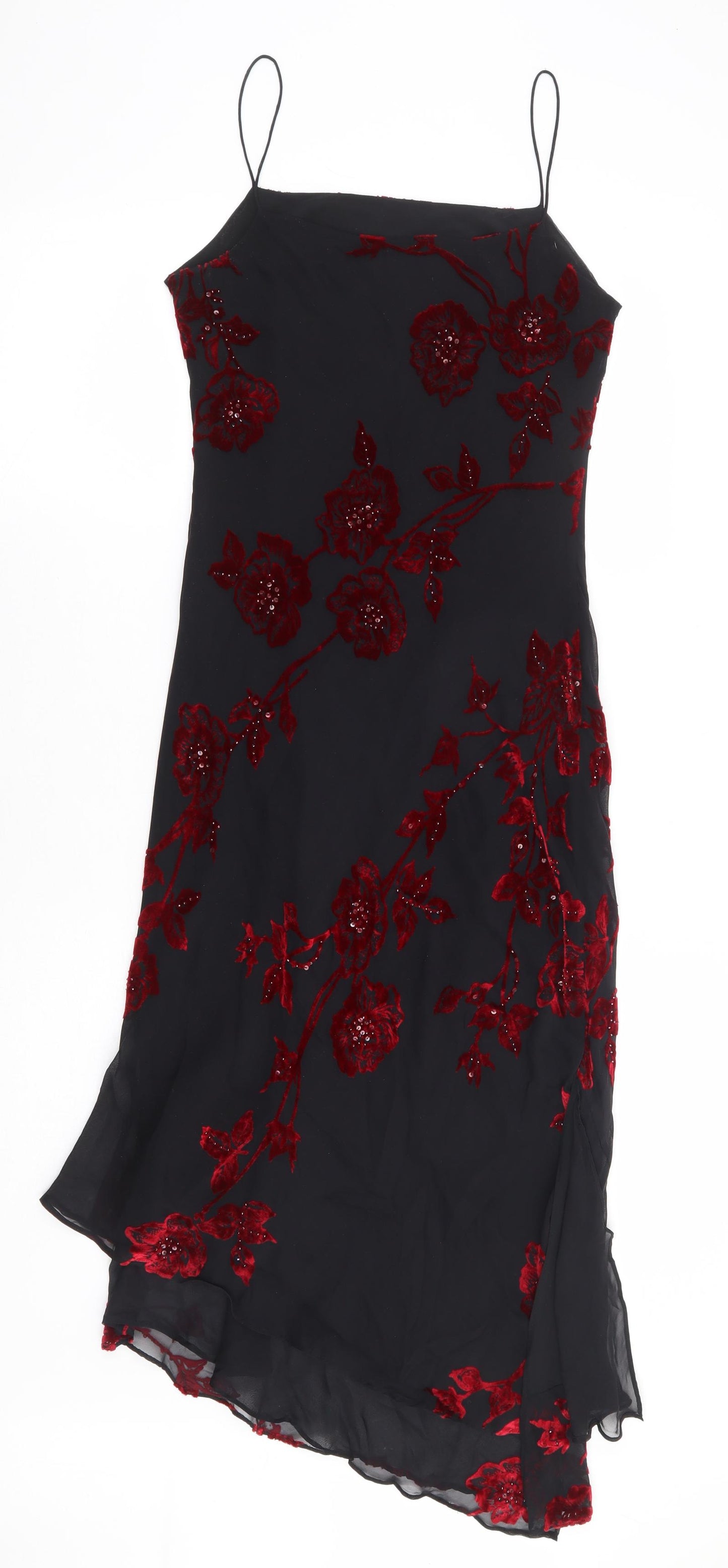 Precis Petite Womens Black Floral Silk A-Line Size 8 Round Neck Zip - Asymmetric
