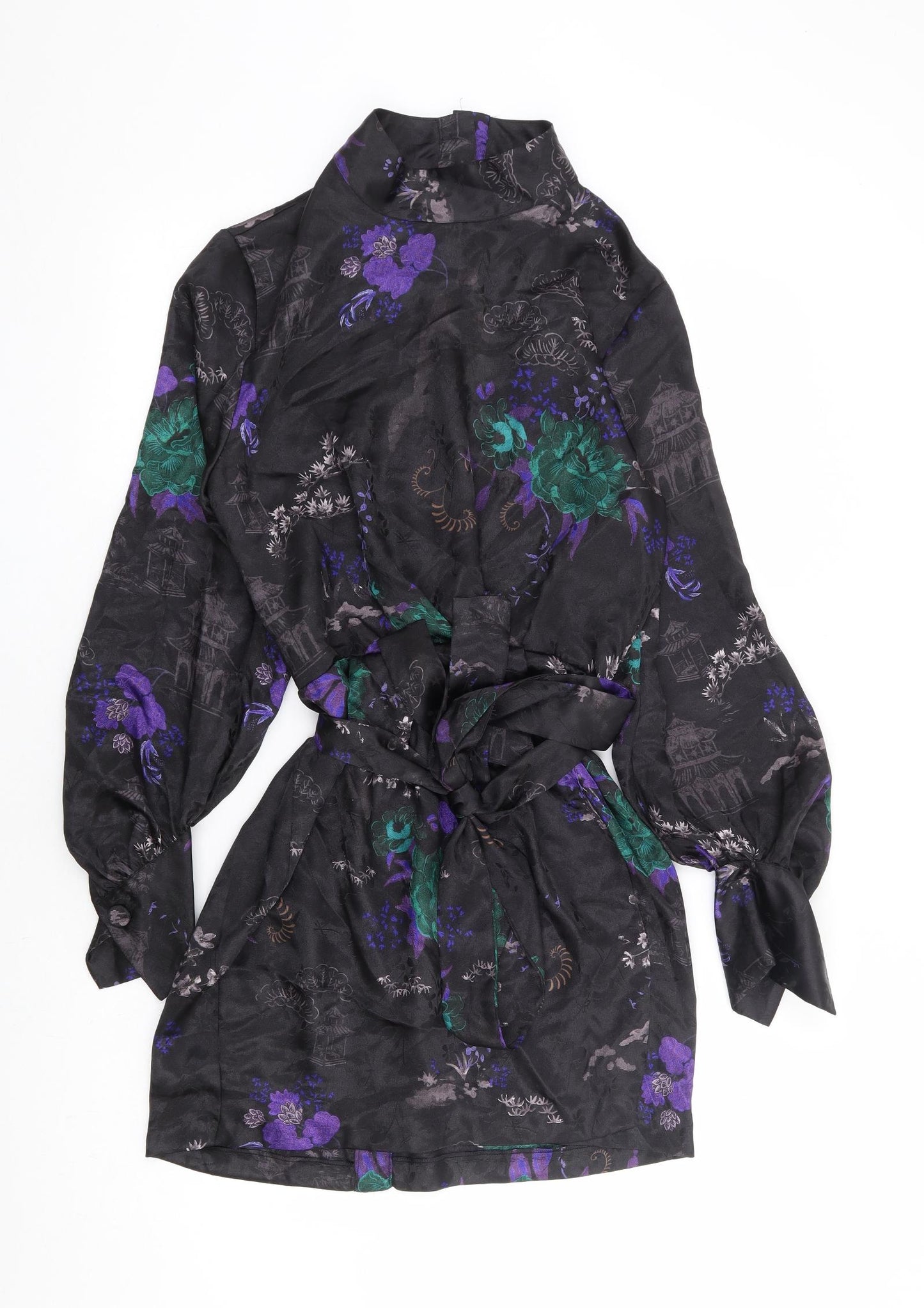 Zara Womens Black Floral Polyester Mini Size M Mock Neck Button
