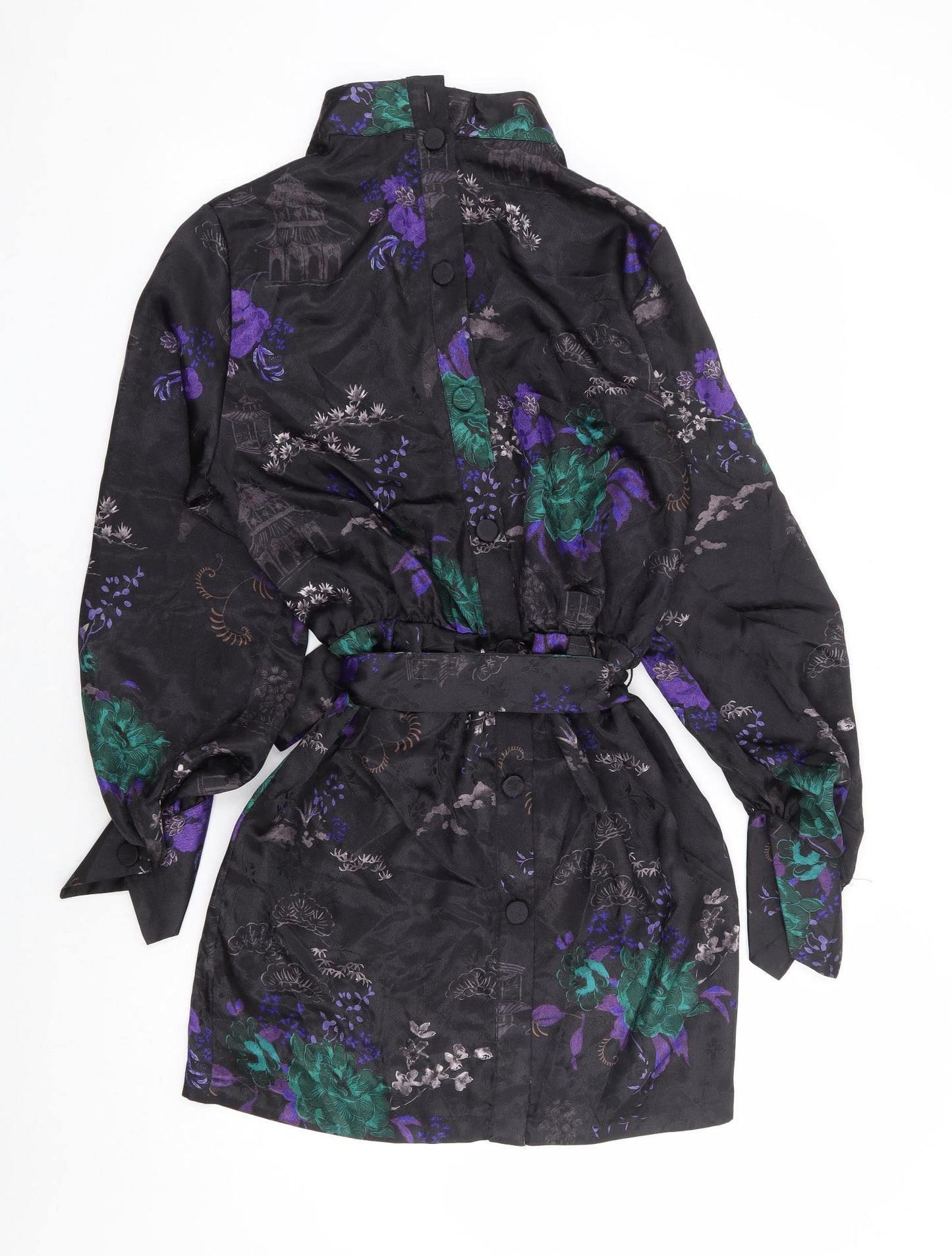 Zara Womens Black Floral Polyester Mini Size M Mock Neck Button