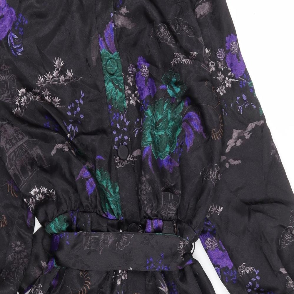 Zara Womens Black Floral Polyester Mini Size M Mock Neck Button