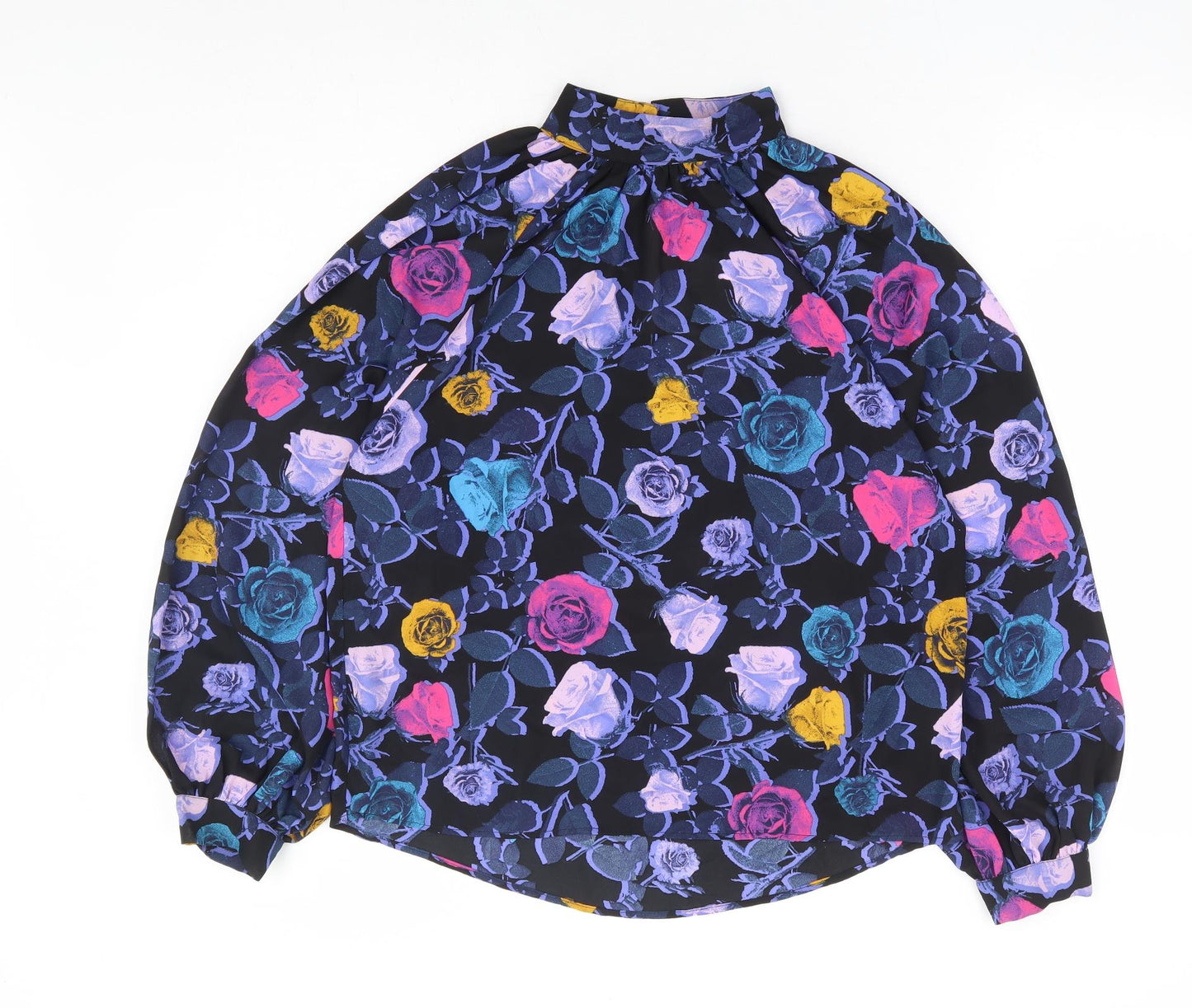 Monkl Womens Black Floral Polyester Basic Blouse Size XS Mock Neck