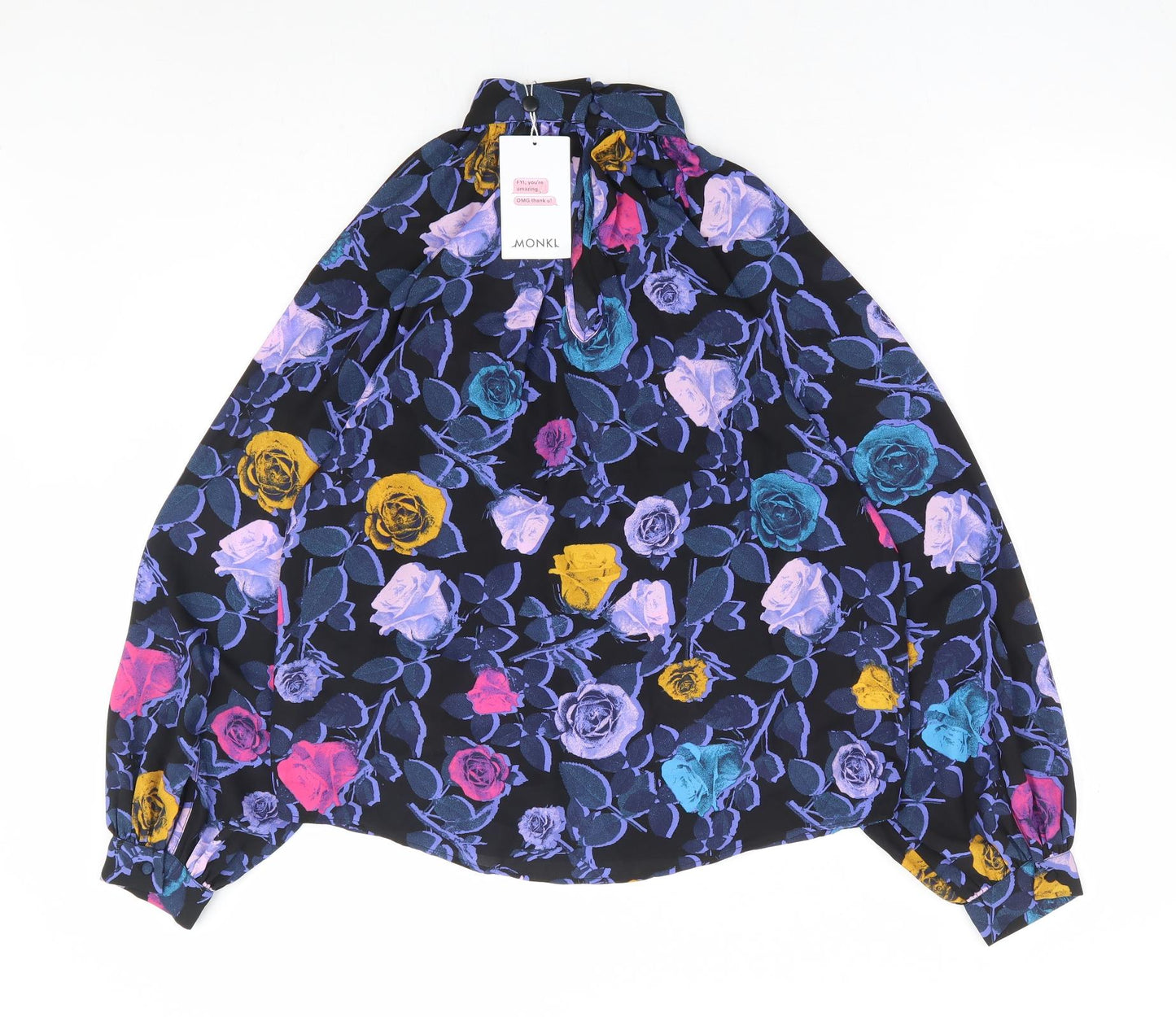 Monkl Womens Black Floral Polyester Basic Blouse Size XS Mock Neck