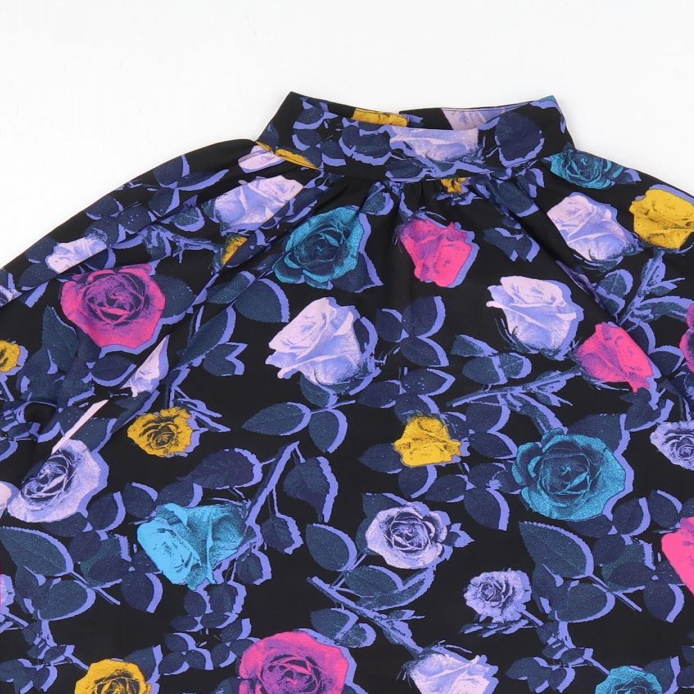 Monkl Womens Black Floral Polyester Basic Blouse Size XS Mock Neck