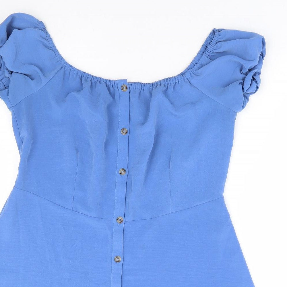 Primark Womens Blue Polyester Fit & Flare Size 16 Round Neck Button