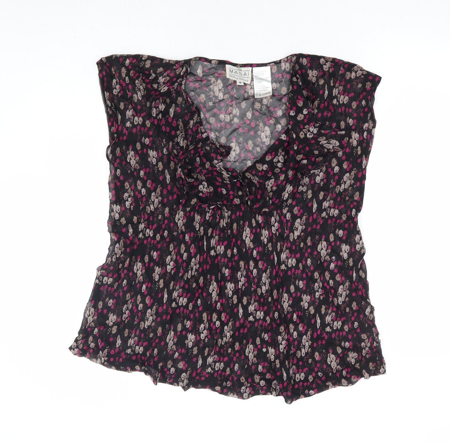 Masai Clothing Womens Black Floral Viscose Basic Blouse Size M V-Neck
