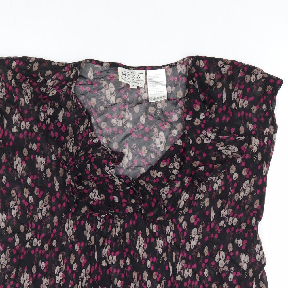 Masai Clothing Womens Black Floral Viscose Basic Blouse Size M V-Neck