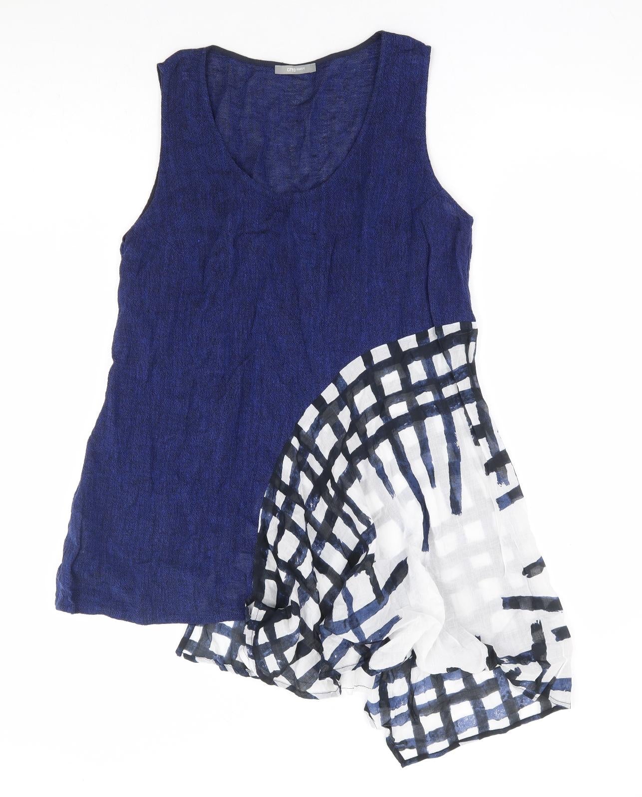Crea Concept Womens Blue Geometric Linen Tunic Blouse Size 12 Scoop Neck