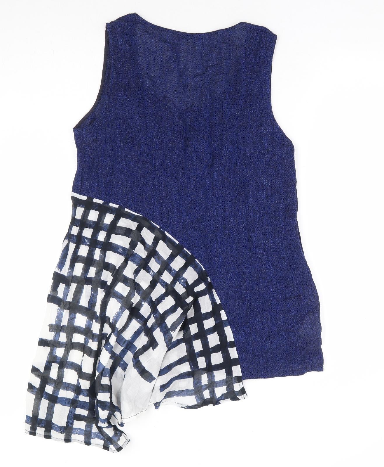 Crea Concept Womens Blue Geometric Linen Tunic Blouse Size 12 Scoop Neck