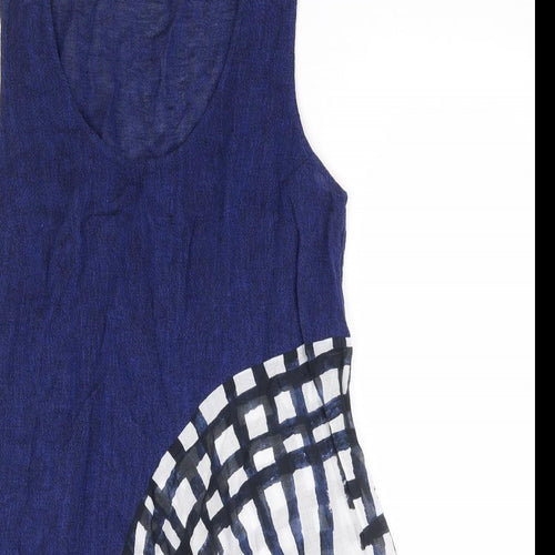 Crea Concept Womens Blue Geometric Linen Tunic Blouse Size 12 Scoop Neck
