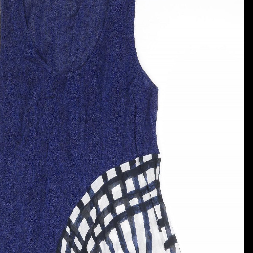 Crea Concept Womens Blue Geometric Linen Tunic Blouse Size 12 Scoop Neck